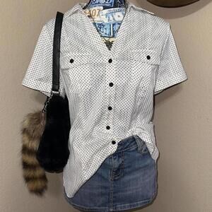 Y2K white and black polka dot office siren button up